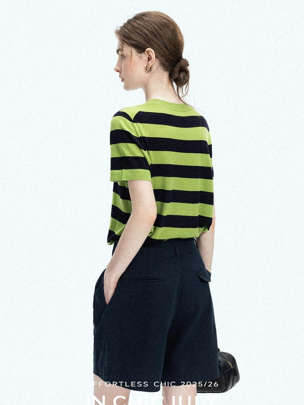 chicjuly Verdun Green Striped Colorblock Crew Neck Women's Wool Short Sleeve T-shirts
