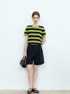 chicjuly Verdun Green Striped Colorblock Crew Neck Women's Wool Short Sleeve T-shirts