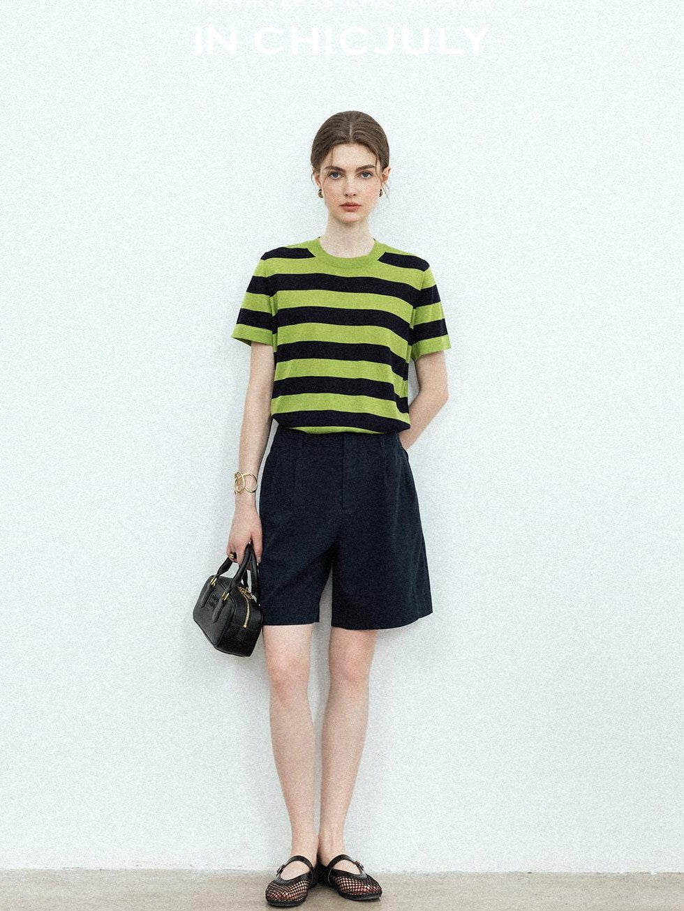 chicjuly Verdun Green Striped Colorblock Crew Neck Women's Wool Short Sleeve T-shirts
