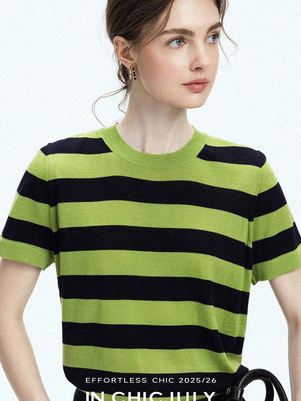 chicjuly Verdun Green Striped Colorblock Crew Neck Women's Wool Short Sleeve T-shirts