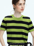 chicjuly Verdun Green Striped Colorblock Crew Neck Women's Wool Short Sleeve T-shirts
