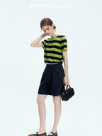 chicjuly Verdun Green Striped Colorblock Crew Neck Women's Wool Short Sleeve T-shirts