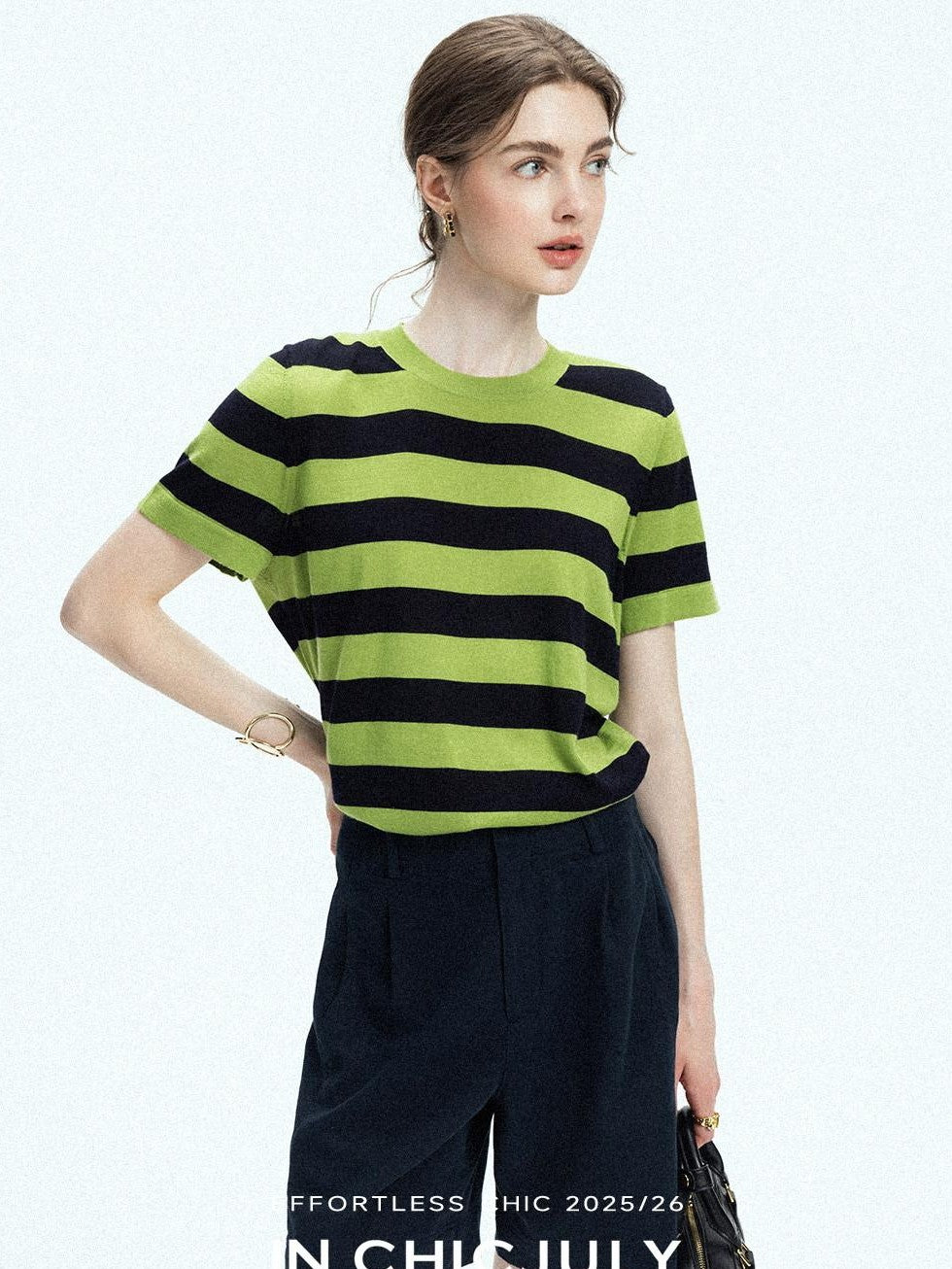chicjuly Verdun Green Striped Colorblock Crew Neck Women's Wool Short Sleeve T-shirts