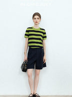 chicjuly Verdun Green Striped Colorblock Crew Neck Women's Wool Short Sleeve T-shirts