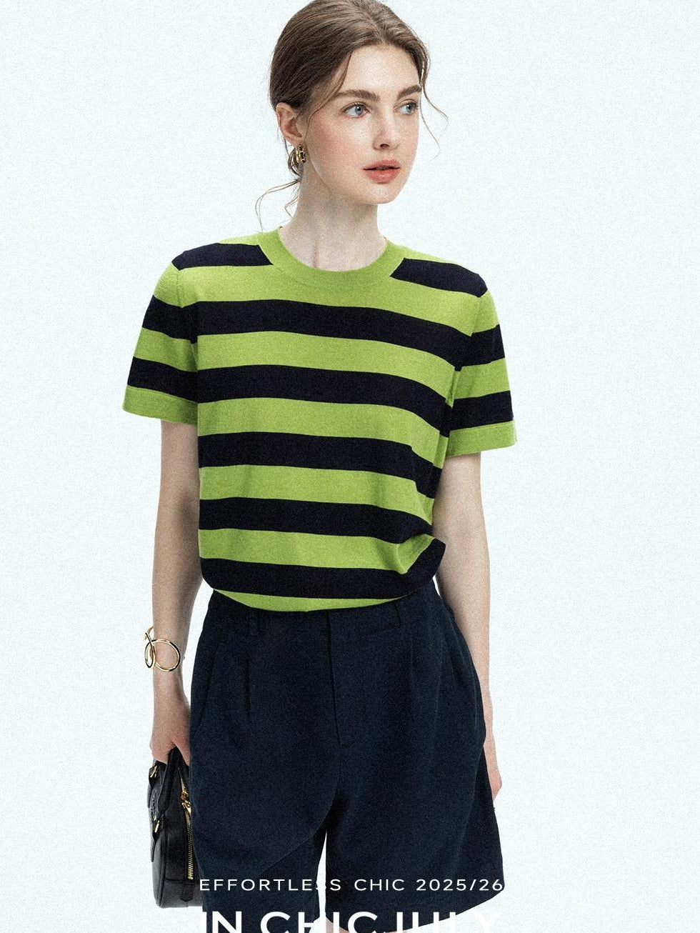 chicjuly Verdun Green Striped Colorblock Crew Neck Women's Wool Short Sleeve T-shirts