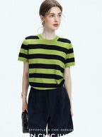 chicjuly Verdun Green Striped Colorblock Crew Neck Women's Wool Short Sleeve T-shirts
