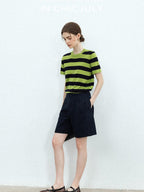 chicjuly Verdun Green Striped Colorblock Crew Neck Women's Wool Short Sleeve T-shirts
