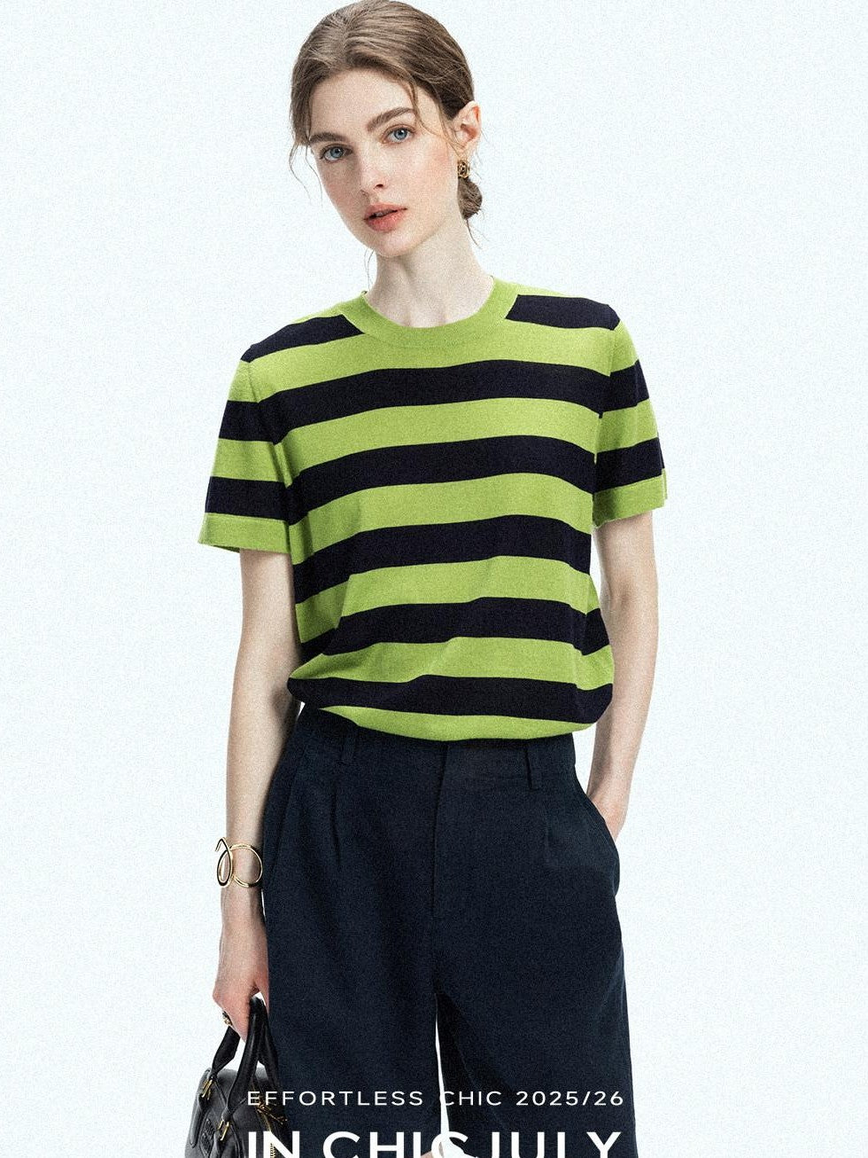 chicjuly Verdun Green Striped Colorblock Crew Neck Women's Wool Short Sleeve T-shirts