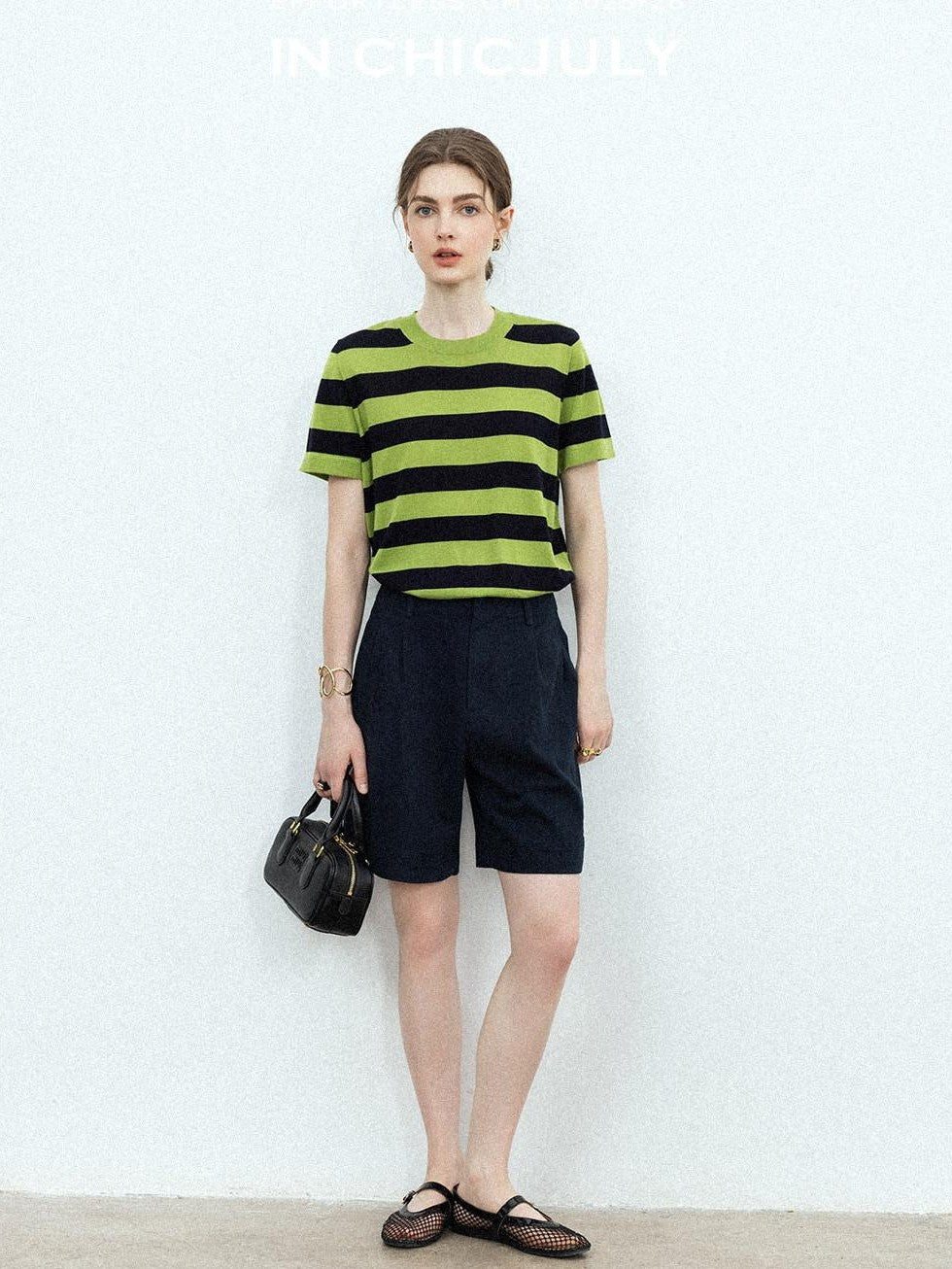 chicjuly Verdun Green Striped Colorblock Crew Neck Women's Wool Short Sleeve T-shirts