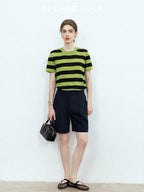chicjuly Verdun Green Striped Colorblock Crew Neck Women's Wool Short Sleeve T-shirts