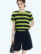 chicjuly Verdun Green Striped Colorblock Crew Neck Women's Wool Short Sleeve T-shirts