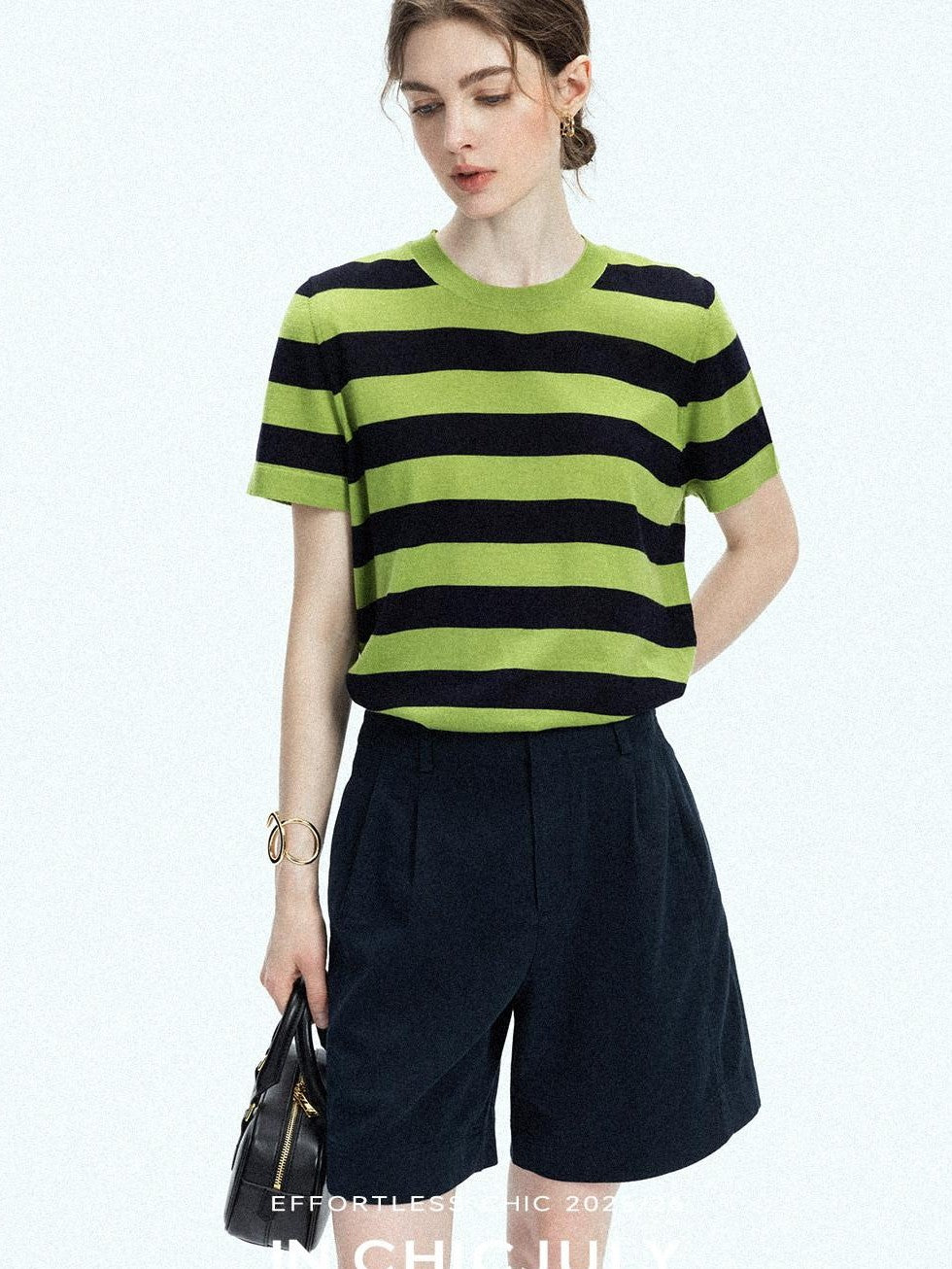 chicjuly Verdun Green Striped Colorblock Crew Neck Women's Wool Short Sleeve T-shirts