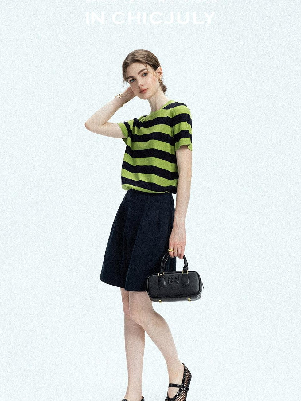 chicjuly Verdun Green Striped Colorblock Crew Neck Women's Wool Short Sleeve T-shirts