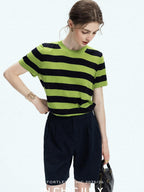 chicjuly Verdun Green Striped Colorblock Crew Neck Women's Wool Short Sleeve T-shirts