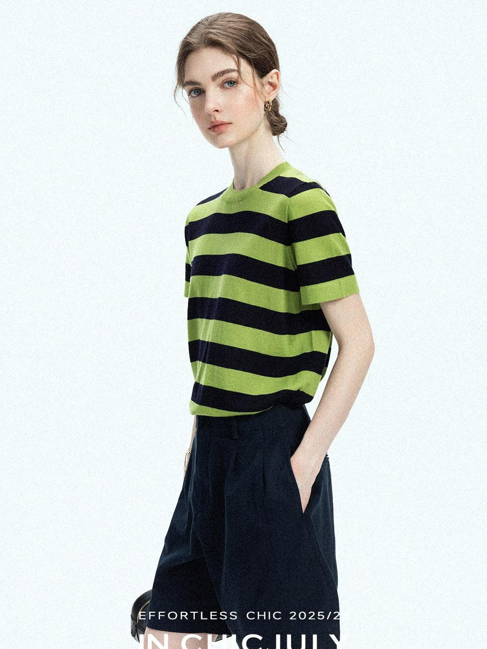 chicjuly Verdun Green Striped Colorblock Crew Neck Women's Wool Short Sleeve T-shirts