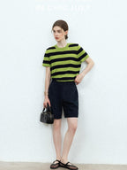 chicjuly Verdun Green Striped Colorblock Crew Neck Women's Wool Short Sleeve T-shirts