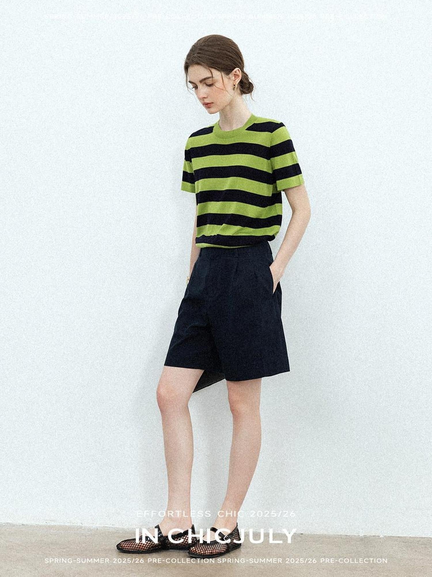 chicjuly Verdun Green Striped Colorblock Crew Neck Women's Wool Short Sleeve T-shirts