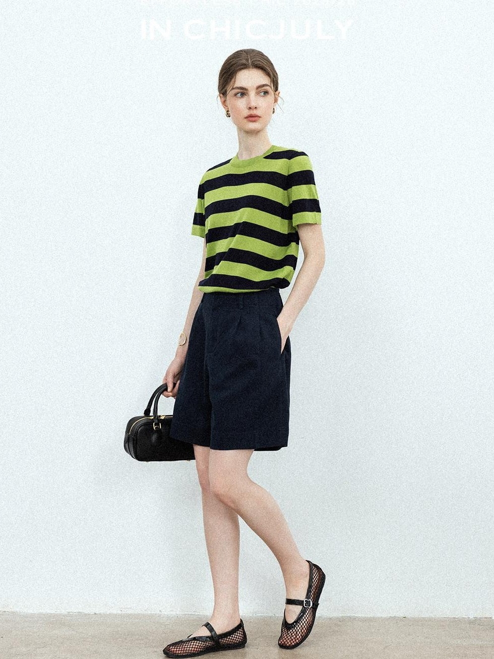 chicjuly Verdun Green Striped Colorblock Crew Neck Women's Wool Short Sleeve T-shirts