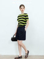 chicjuly Verdun Green Striped Colorblock Crew Neck Women's Wool Short Sleeve T-shirts