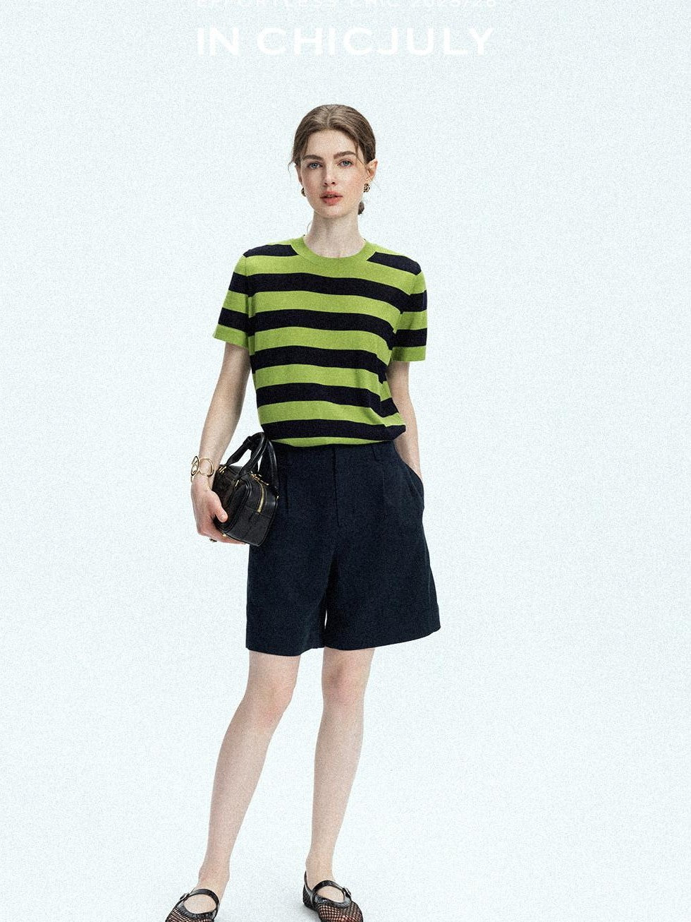 chicjuly Verdun Green Striped Colorblock Crew Neck Women's Wool Short Sleeve T-shirts
