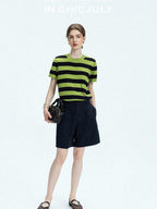 chicjuly Verdun Green Striped Colorblock Crew Neck Women's Wool Short Sleeve T-shirts