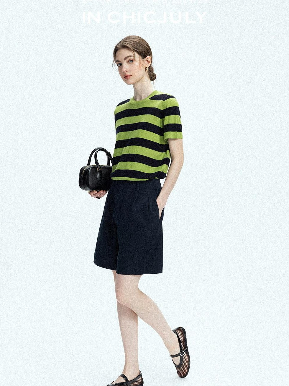 chicjuly Verdun Green Striped Colorblock Crew Neck Women's Wool Short Sleeve T-shirts