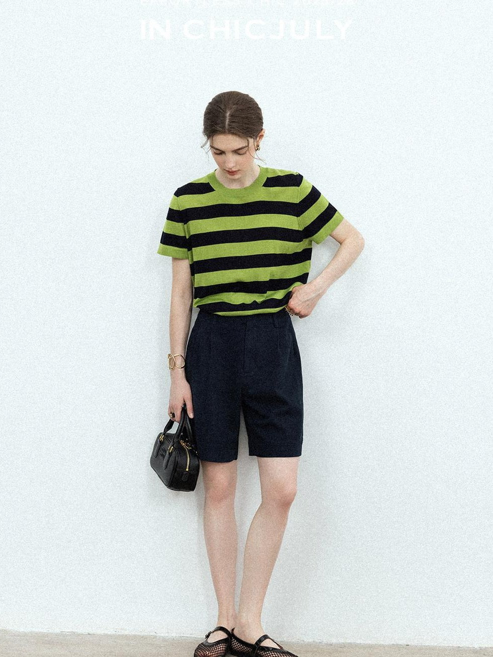 chicjuly Verdun Green Striped Colorblock Crew Neck Women's Wool Short Sleeve T-shirts