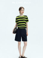 chicjuly Verdun Green Striped Colorblock Crew Neck Women's Wool Short Sleeve T-shirts