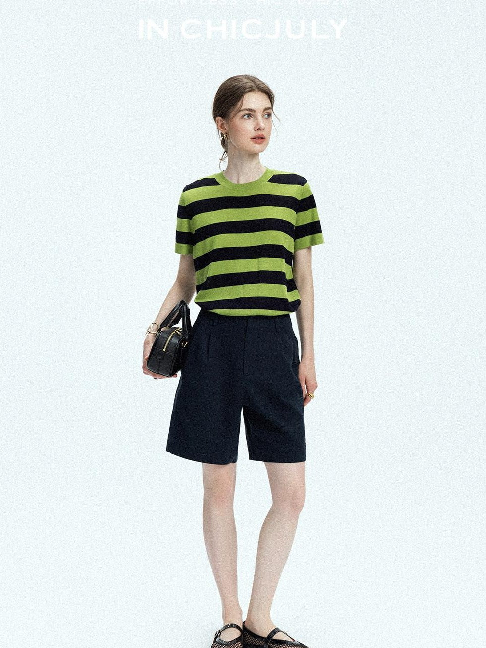 chicjuly Verdun Green Striped Colorblock Crew Neck Women's Wool Short Sleeve T-shirts