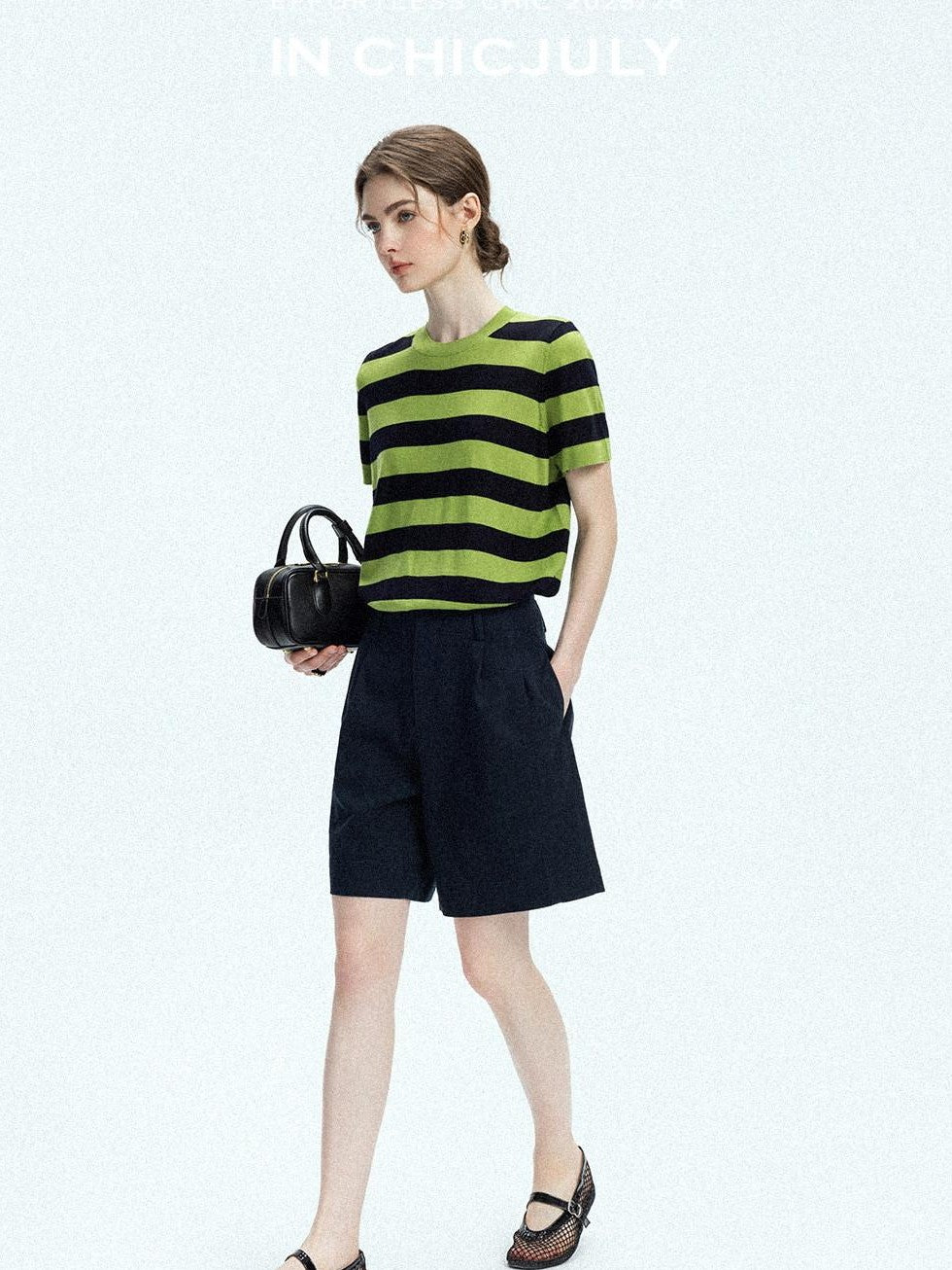 chicjuly Verdun Green Striped Colorblock Crew Neck Women's Wool Short Sleeve T-shirts