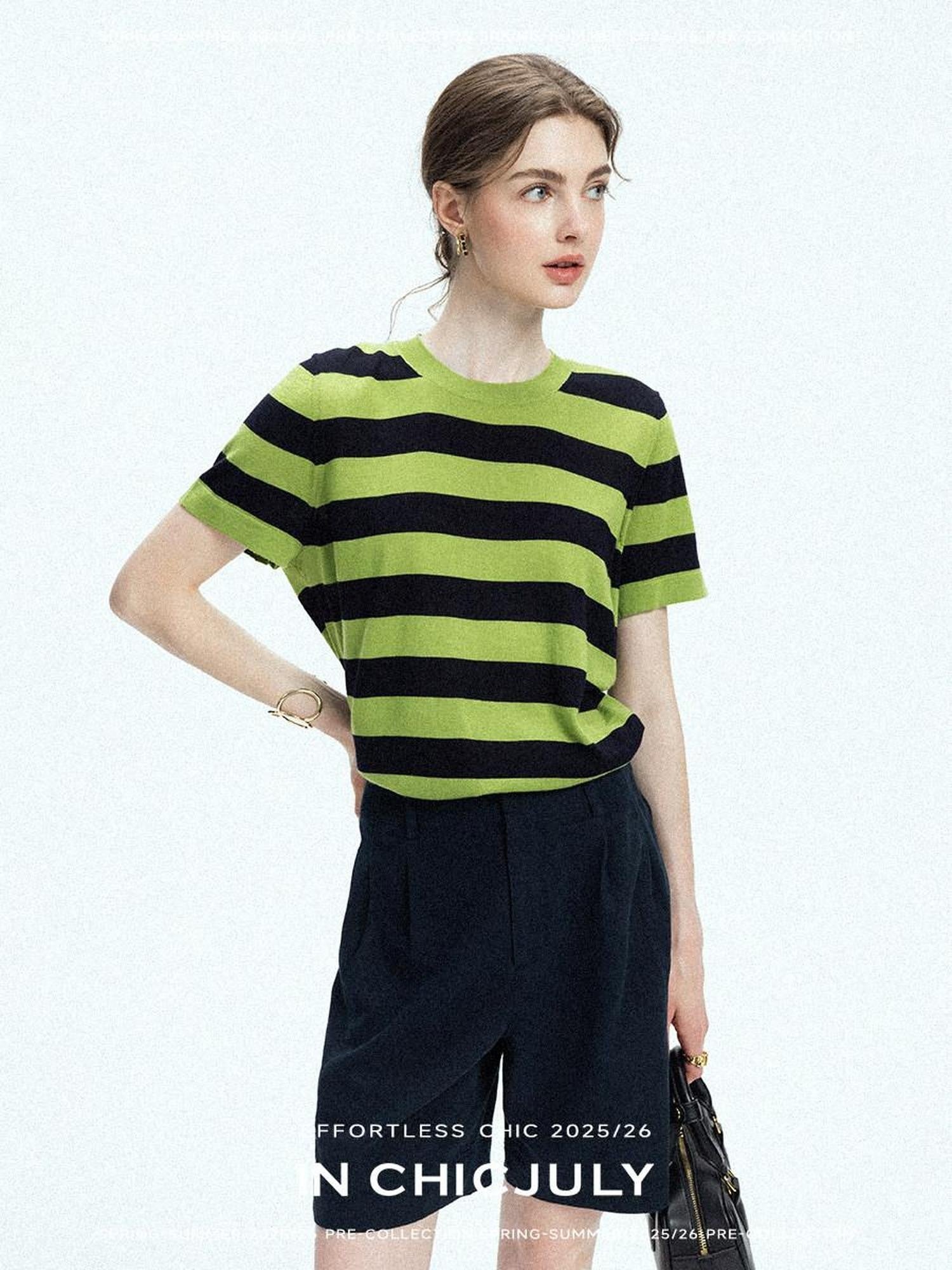 chicjuly Verdun Green Striped Colorblock Crew Neck Women's Wool Short Sleeve T-shirts
