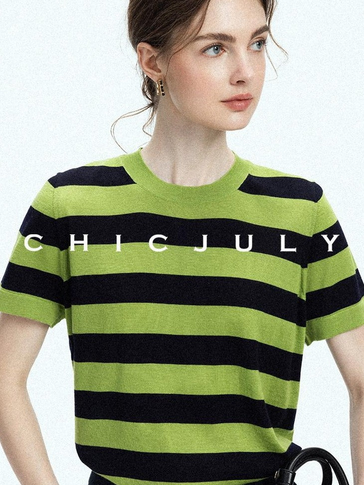 chicjuly Verdun Green Striped Colorblock Crew Neck Women's Wool Short Sleeve T-shirts