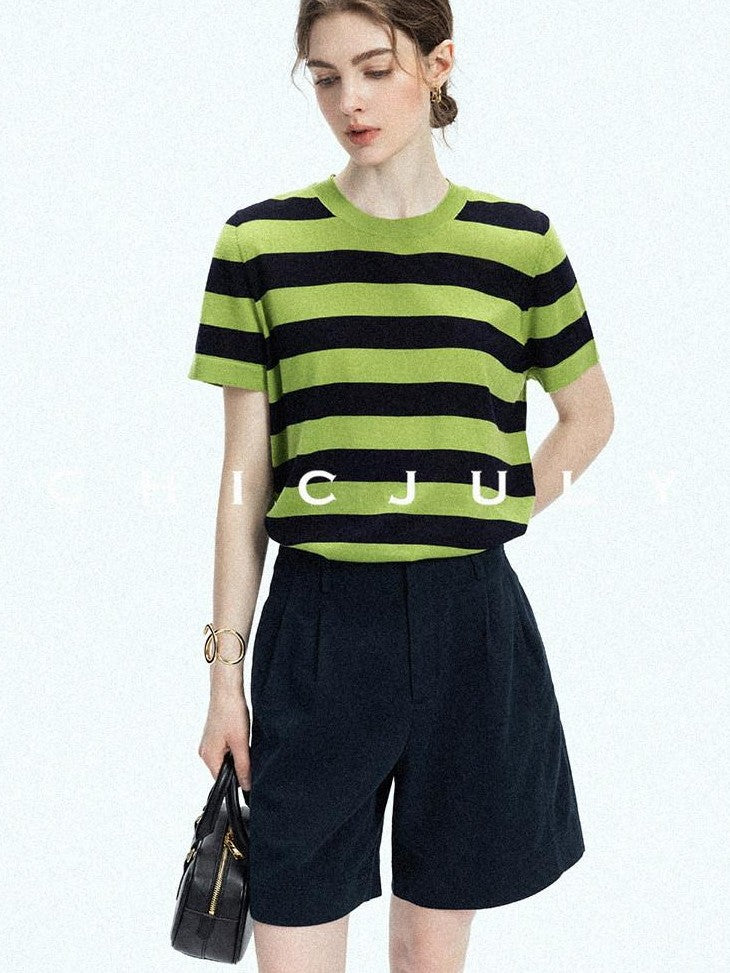 chicjuly Verdun Green Striped Colorblock Crew Neck Women's Wool Short Sleeve T-shirts