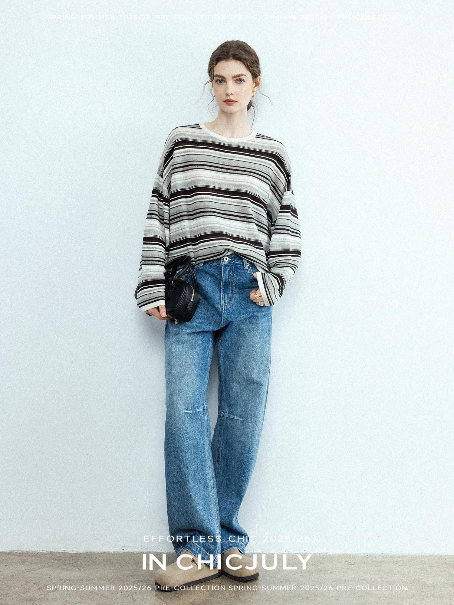 chicjuly Vintage Washed Blue Structured Cut High Waist Women's Cotton Straight Jeans