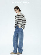 chicjuly Vintage Washed Blue Structured Cut High Waist Women's Cotton Straight Jeans