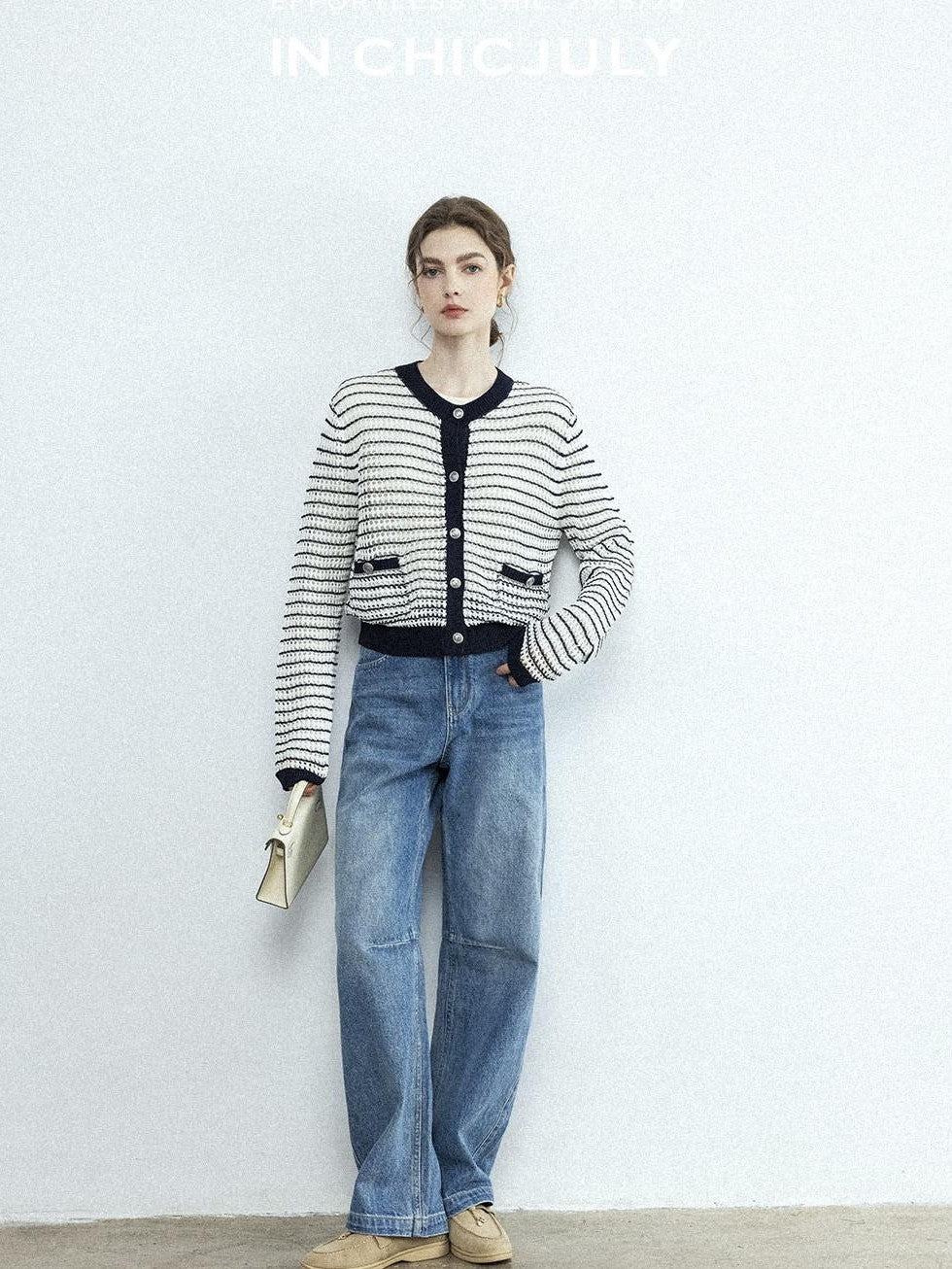 chicjuly Vintage Washed Blue Structured Cut High Waist Women's Cotton Straight Jeans