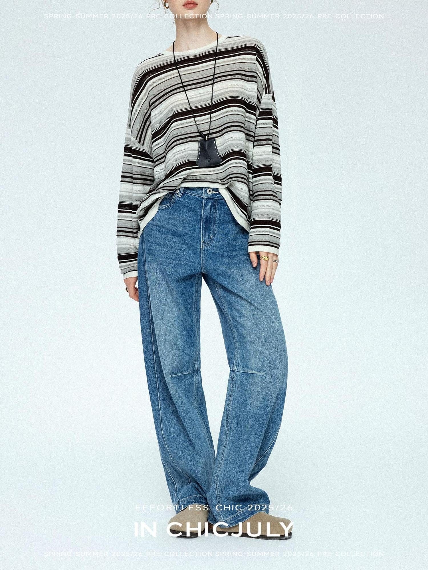 chicjuly Vintage Washed Blue Structured Cut High Waist Women's Cotton Straight Jeans