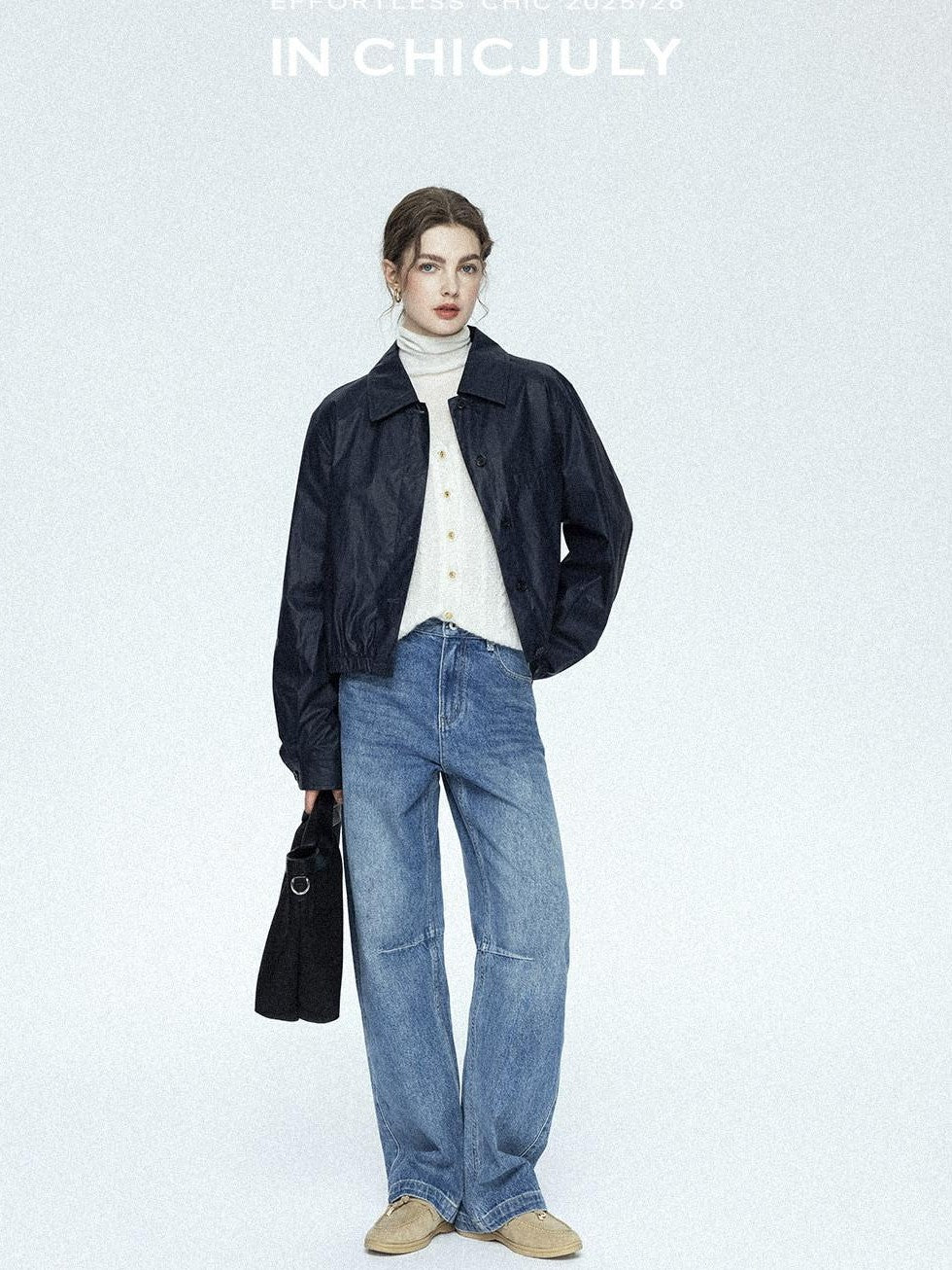 chicjuly Vintage Washed Blue Structured Cut High Waist Women's Cotton Straight Jeans