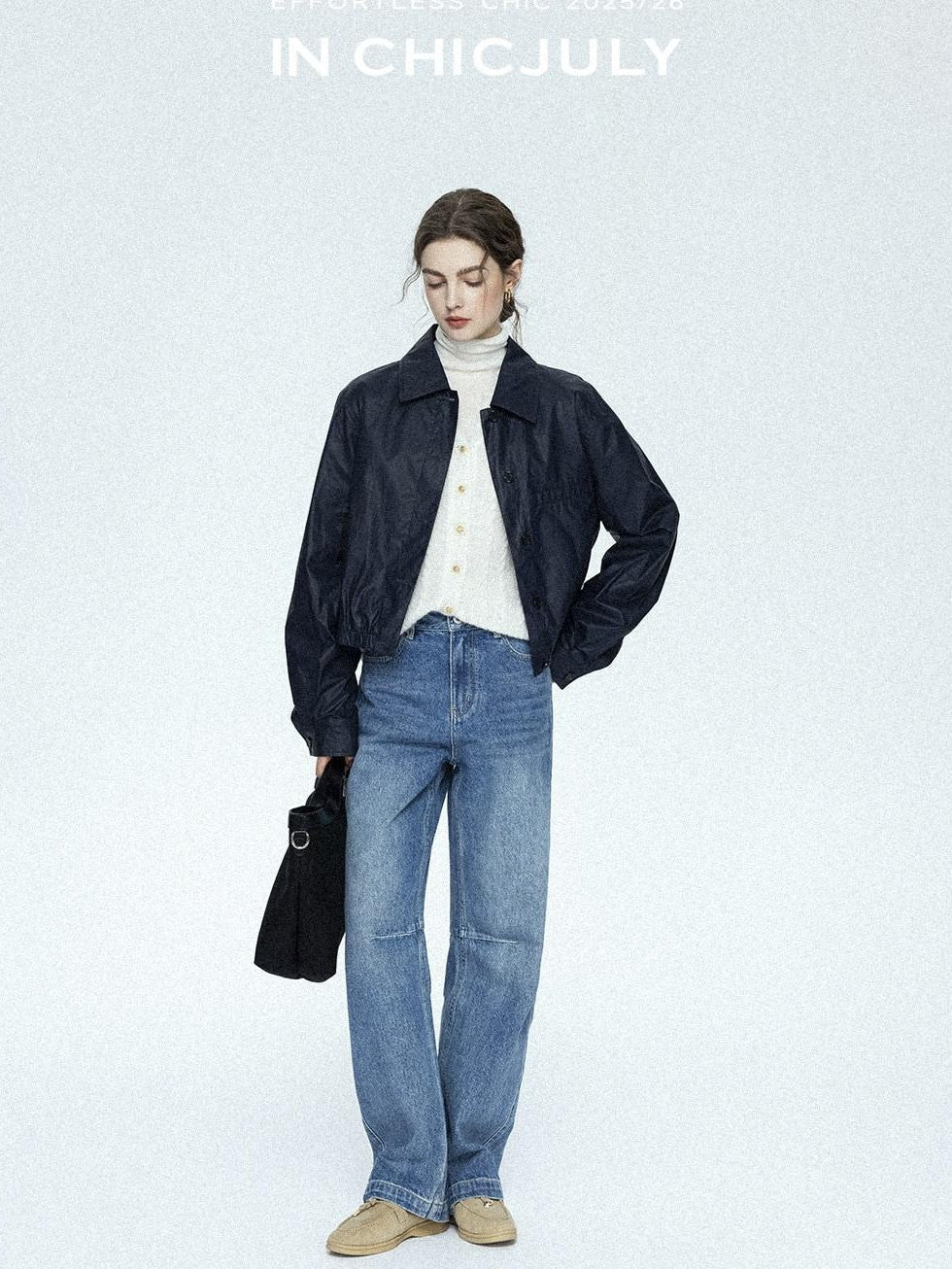 chicjuly Vintage Washed Blue Structured Cut High Waist Women's Cotton Straight Jeans