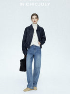 chicjuly Vintage Washed Blue Structured Cut High Waist Women's Cotton Straight Jeans