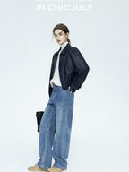 chicjuly Vintage Washed Blue Structured Cut High Waist Women's Cotton Straight Jeans