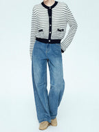 chicjuly Vintage Washed Blue Structured Cut High Waist Women's Cotton Straight Jeans