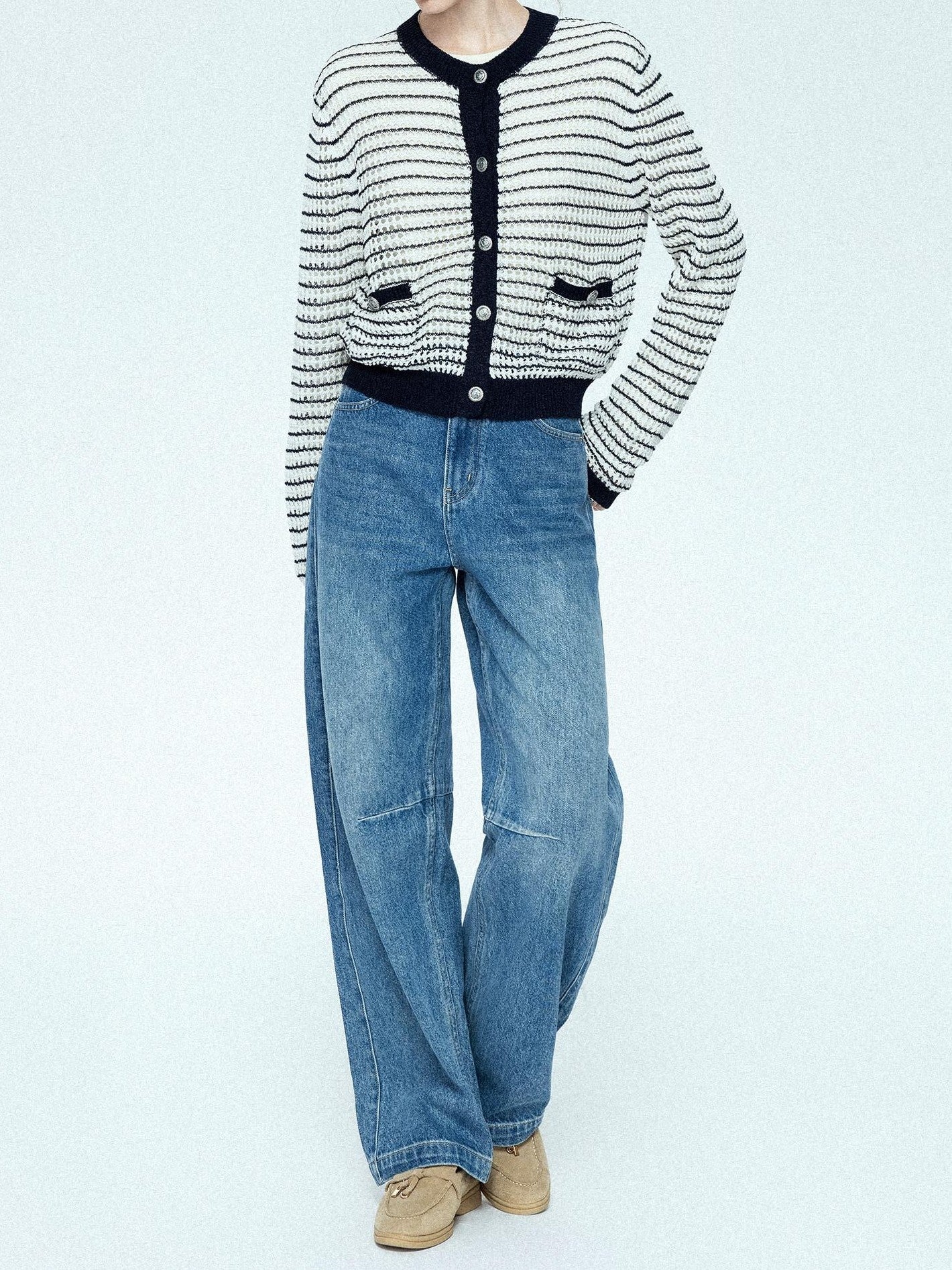 chicjuly Vintage Washed Blue Structured Cut High Waist Women's Cotton Straight Jeans