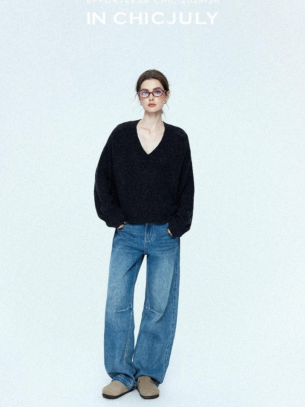 chicjuly Vintage Washed Blue Structured Cut High Waist Women's Cotton Straight Jeans