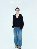 chicjuly Vintage Washed Blue Structured Cut High Waist Women's Cotton Straight Jeans