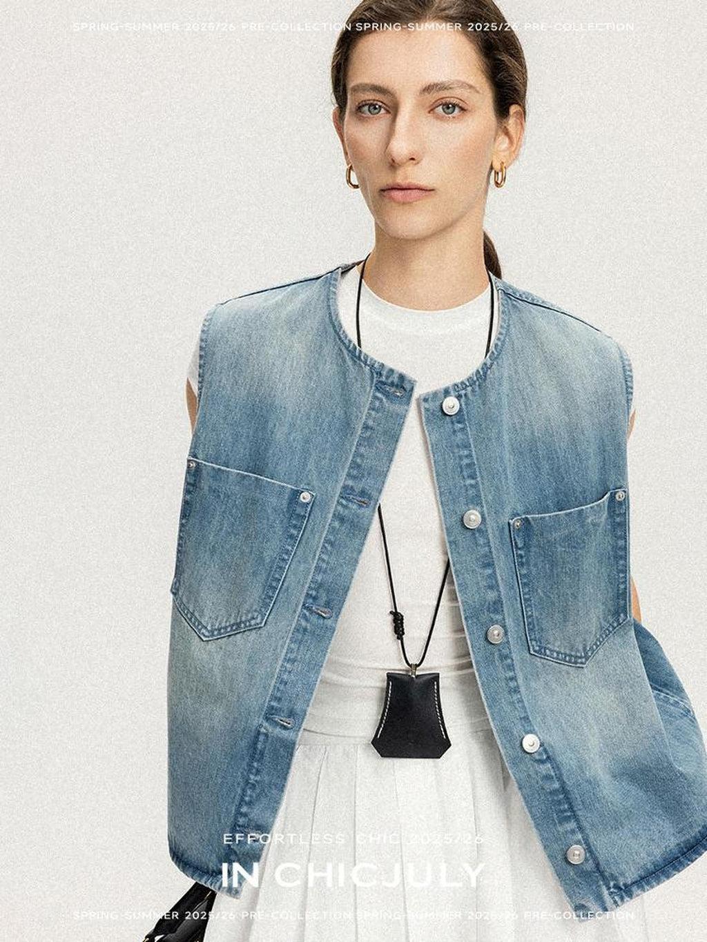 chicjuly Vtg Washed Blue Sculptural Silhouette Round Neck Women's Cotton Denim Vests