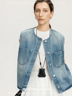 chicjuly Vtg Washed Blue Sculptural Silhouette Round Neck Women's Cotton Denim Vests
