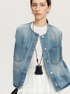 chicjuly Vtg Washed Blue Sculptural Silhouette Round Neck Women's Cotton Denim Vests