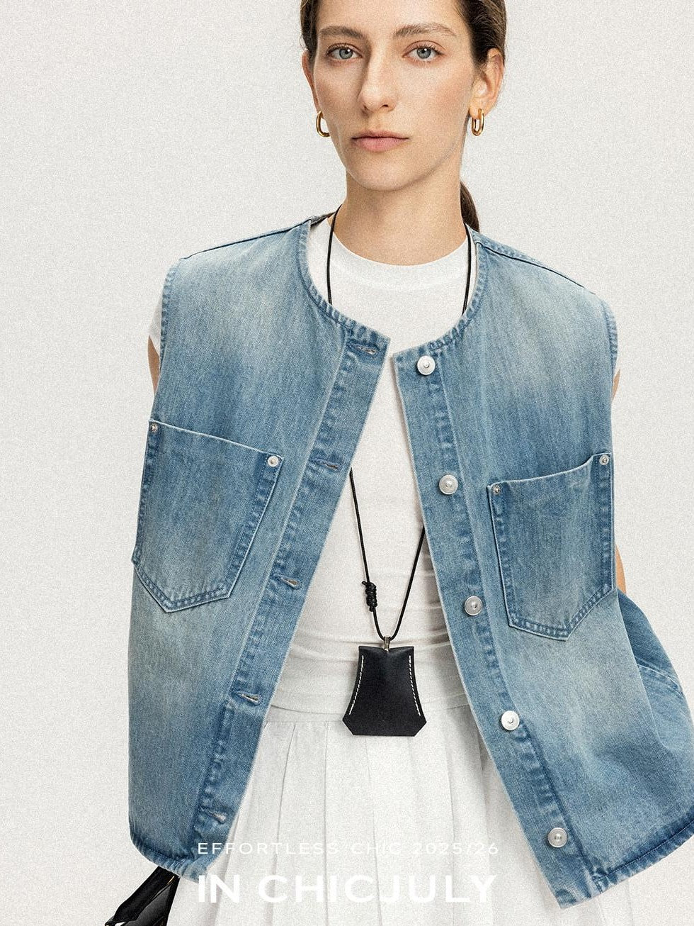 chicjuly Vtg Washed Blue Sculptural Silhouette Round Neck Women's Cotton Denim Vests