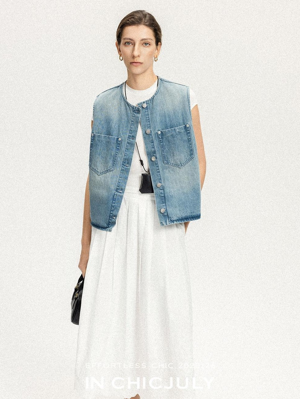 chicjuly Vtg Washed Blue Sculptural Silhouette Round Neck Women's Cotton Denim Vests